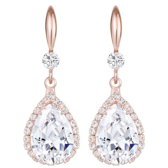 14K Rose Gold with White Diamond Cubic Zirconia Teardrop Hook Dangling Earrings - Picture 1 of 5